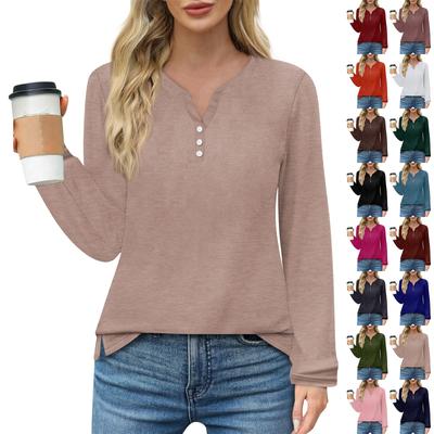 Damen T-Shirt mit Knopfleiste, Blumendruck, langärmelig, für den Alltag, Wochenende, Basic, V-Ausschnitt, normales Oberteil