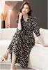 Floral Print Long Casual High Long Black Pockets Black and White Floral [Seira] Dress, Sleeve, Dress, Knee-Length, Waist, A-Line, Spring/Autumn,