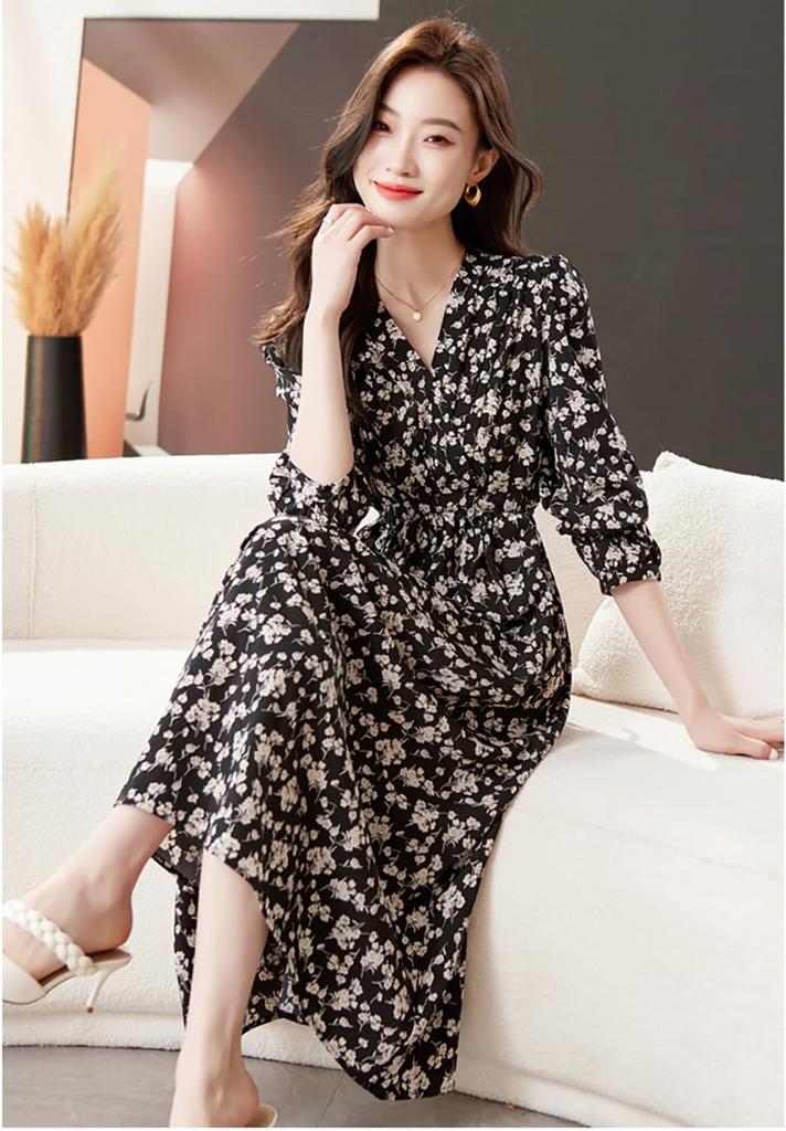 Floral Print Long Casual High Long Black Pockets Black and White Floral [Seira] Dress, Sleeve, Dress, Knee-Length, Waist, A-Line, Spring/Autumn,
