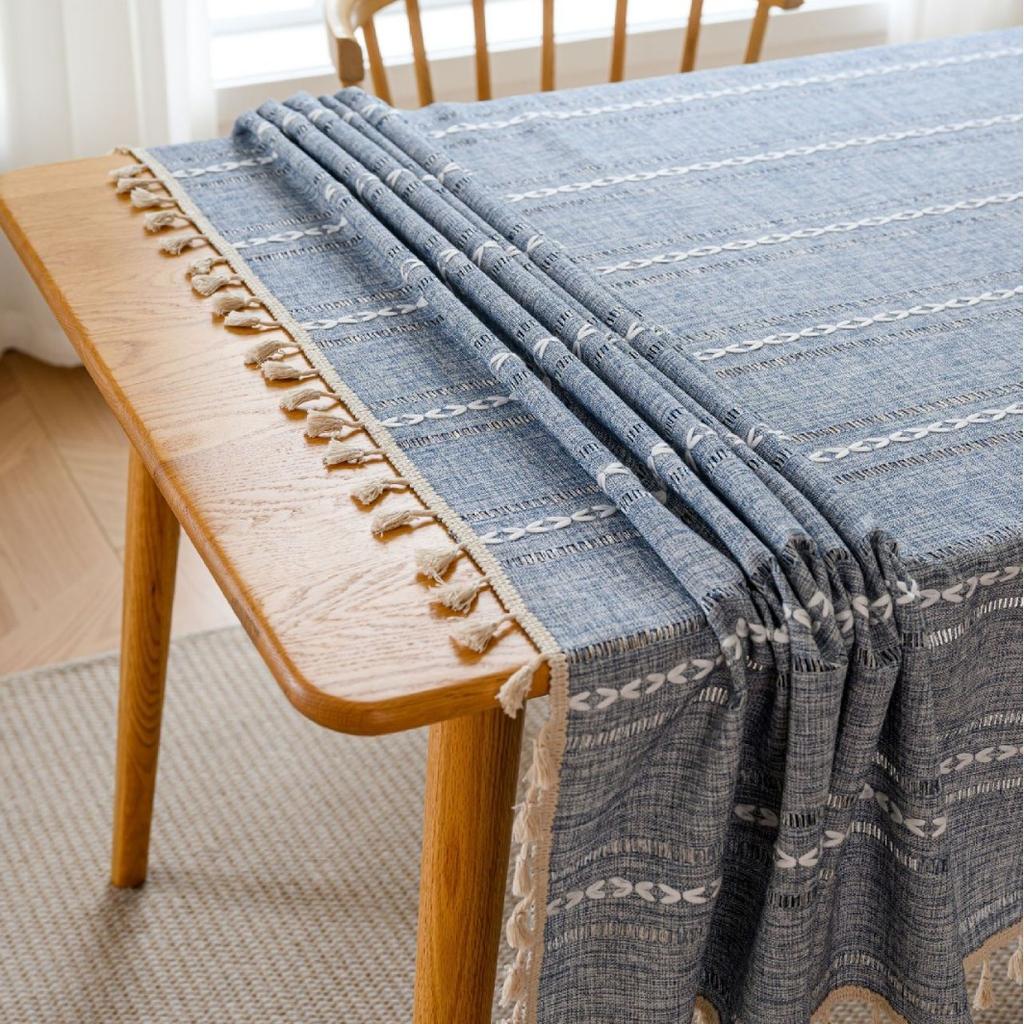 Cotton Linen Tablecloth With Tassels Waterproof Oilproof Tea Striped Table Cloth Thick Rectangular Wedding Dining Table Cover
