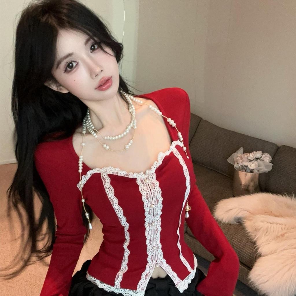 Women's Square Neck Slim Fit Lace Patchwork Top - Long Sleeve, Cropped, Autumn/Winter Style