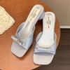 French gentle fairy one-word slippers female 2025 summer wear new bow thick heel sandals high heel sandals