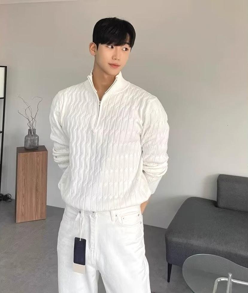 Men s Cable Knit Zipper Wool Sweater with Stand Collar and Hood M