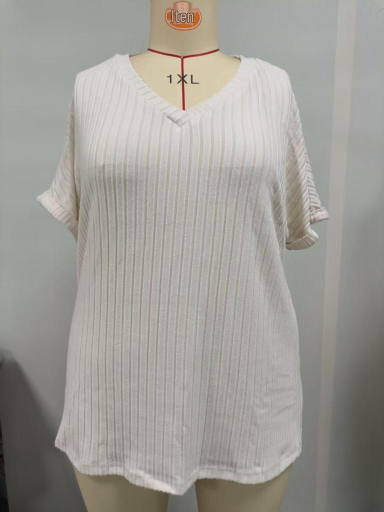 2026 Summer European & American Plus Size Women's V-neck Casual Brushed Solid Color T-shirt