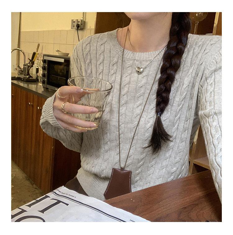 2025 Autumn/Winter Women's Slim Fit Twist Knit Grey Cotton Sweater Top