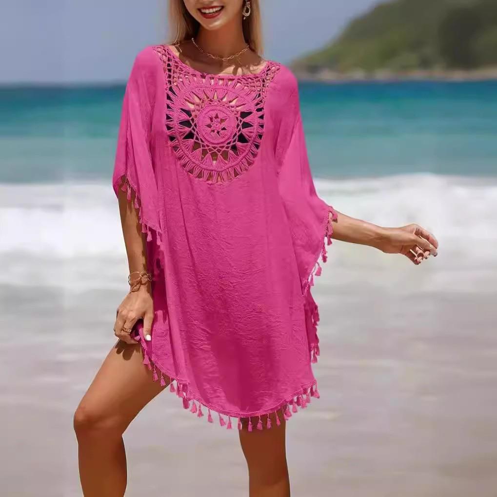 Damen-Bikini-Abdeckung, locker sitzend, lässig, Urlaub, kurzärmelig, Patchwork, modisch, Quaste, Strand