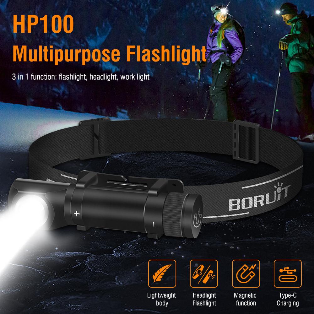 BORUIT HP100 LED Headlamp Headband Right Angle Flashlight 18650 TYPE-C Rechargeable Outdoor Head Lamp Torch Work Light