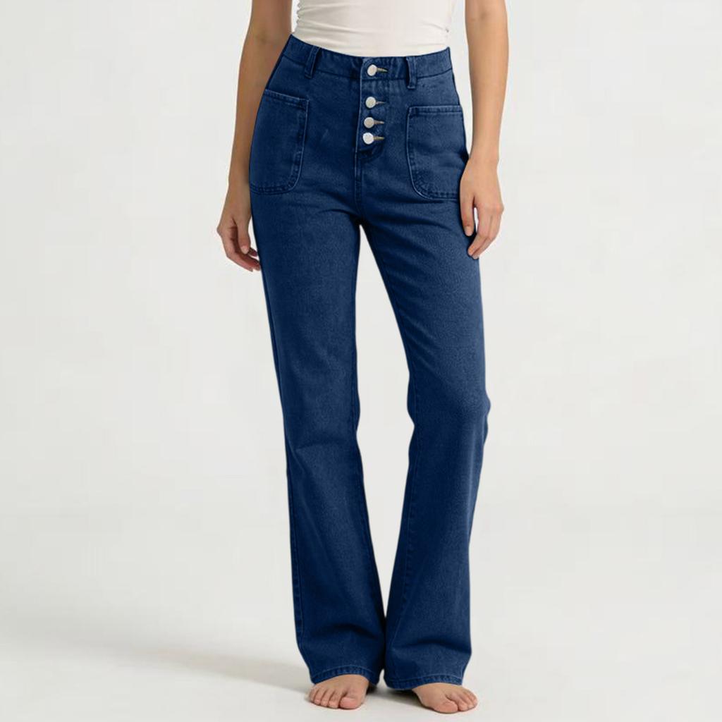Women's Mid- Stretch Jeans Fashion Straight Leg Denim Pants With Pockets