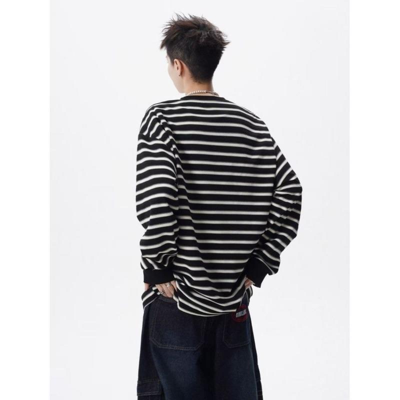 Spring and Autumn Striped Long Sleeve Jacket Retro Loose Casual Versatile Couple Round Neck Top