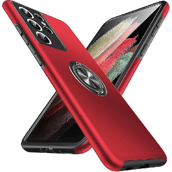 

Противоударный чехол Anqrp для Galaxy S21 Ultra 5G, [Рассеивание тепла] [Не откидывающаяся подставка] Защитный чехол для телефона военного класса с металлическим кольцом 360° красный