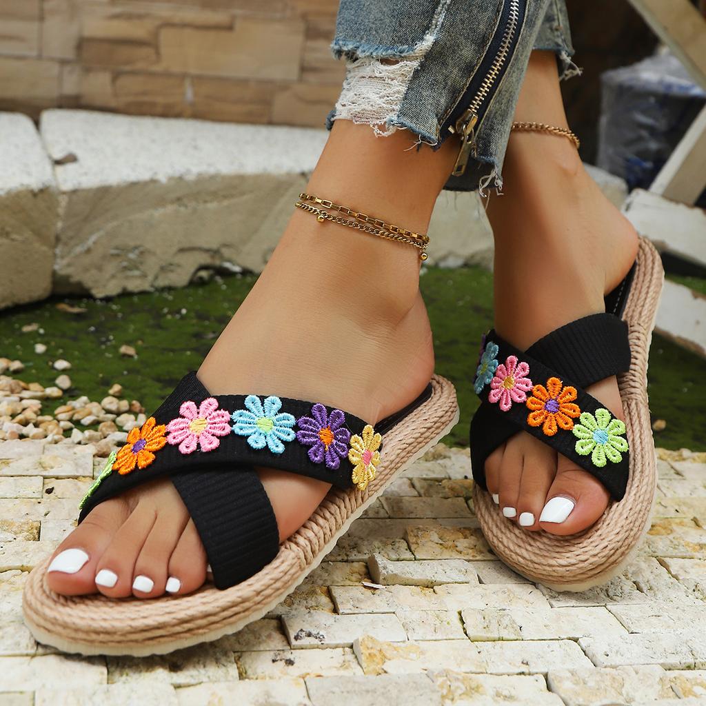 Fashion Women Slippers Colorful Flower Flat Slippers Flip Flops Fashion Summer Shoes Women Comfort Non Slip Beach Sandals Slides Women
