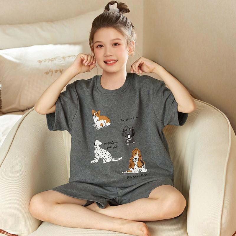 Cotton Short Sleeve Pajama Set Girls Cartoon Print Loose Sleepwear Home Outfit 2025