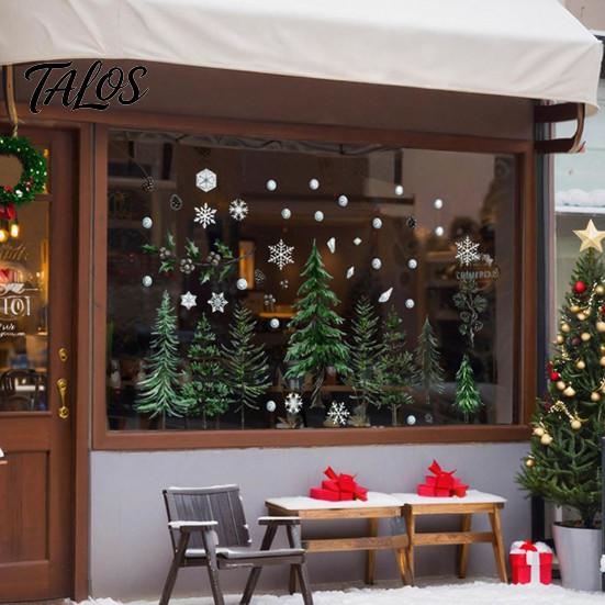 Moisture Proof Wall Decals Christmas Tree Window Clings, Green Pine Trees Snowflake Decals, Winter Interior Design Accents Reusable PVC Static