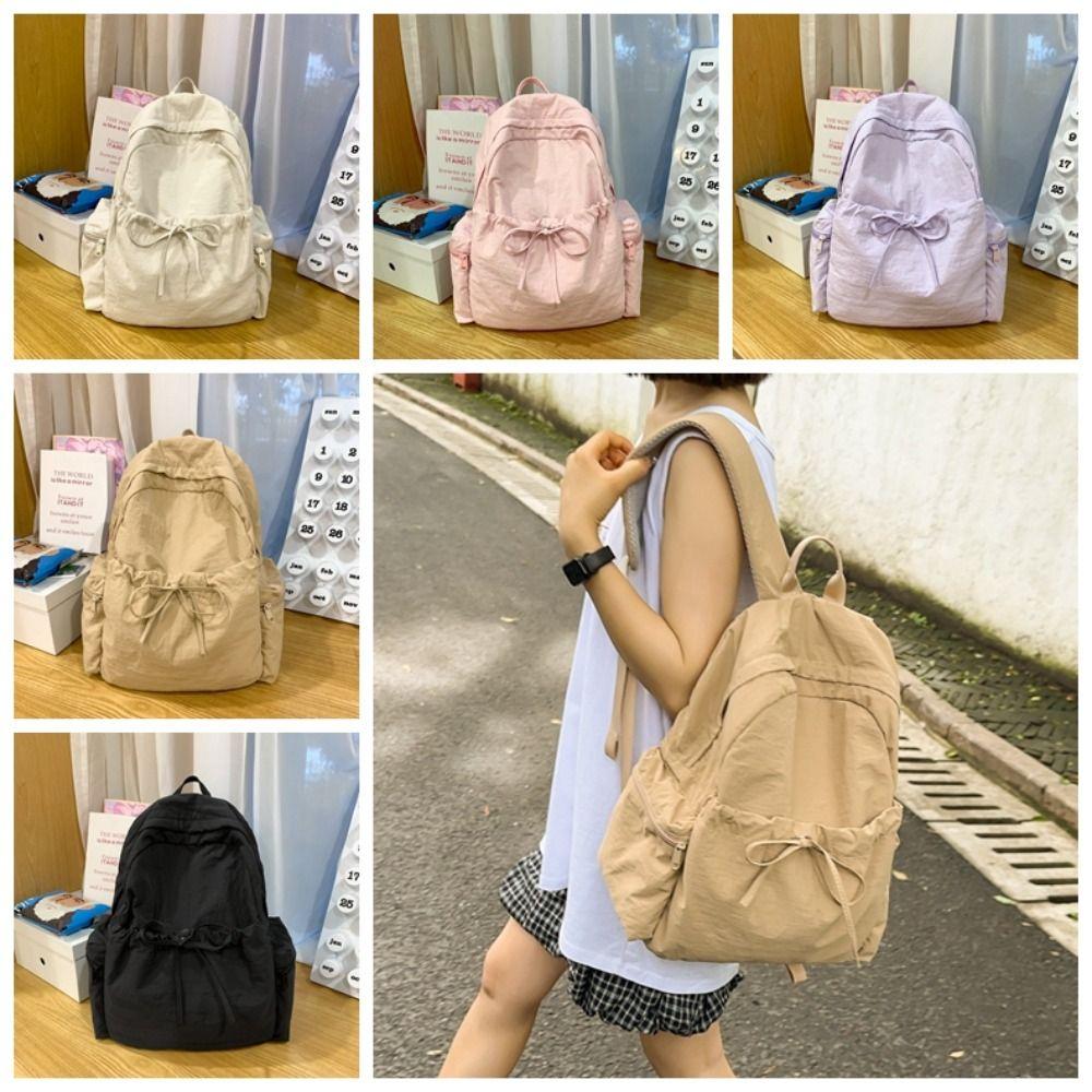 Sweet Nylon Lightweight Backpack Solid Color Travel Shoulders Bag Bow Wrinkle Backpack Women