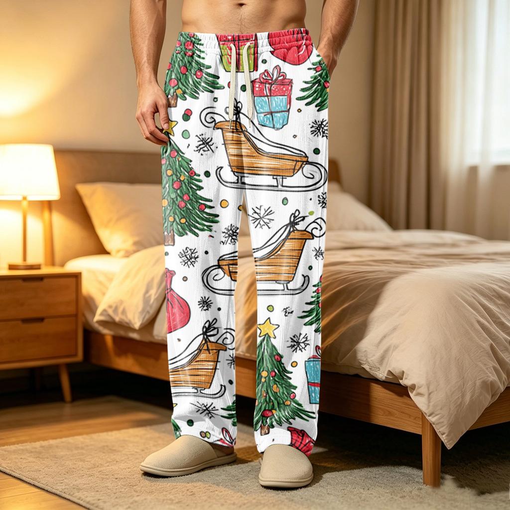 Men's Corduroy Print Pajama Pants with Pockets Casual Sleepwear Bottoms