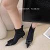 Temperament elastic thin boots women's 2025 new autumn and winter French pointed kitten and golden buckle short boots Korean version socks boots