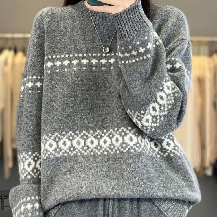 Suéter de Punto Holgado de Manga Larga para Mujer Talla Grande Otoño Invierno Cuello Redondo