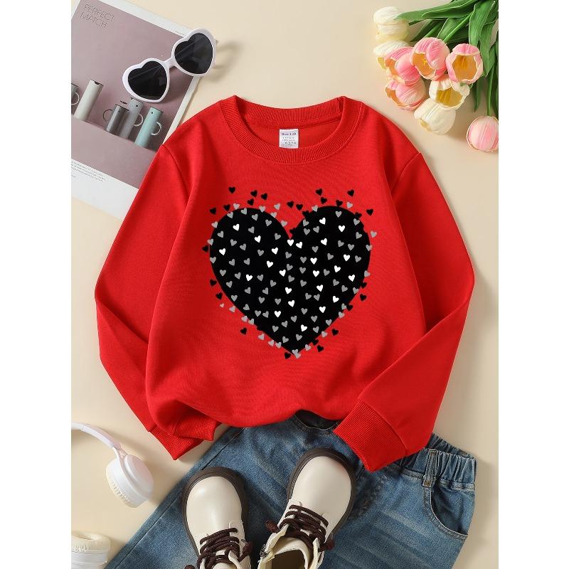 Girls Soft Crewneck SweatshirtBlack Heart Pattern with Small Hearts with Cute Creative Print, Casual All-Match for Fall Winter, Ideal Holiday Present