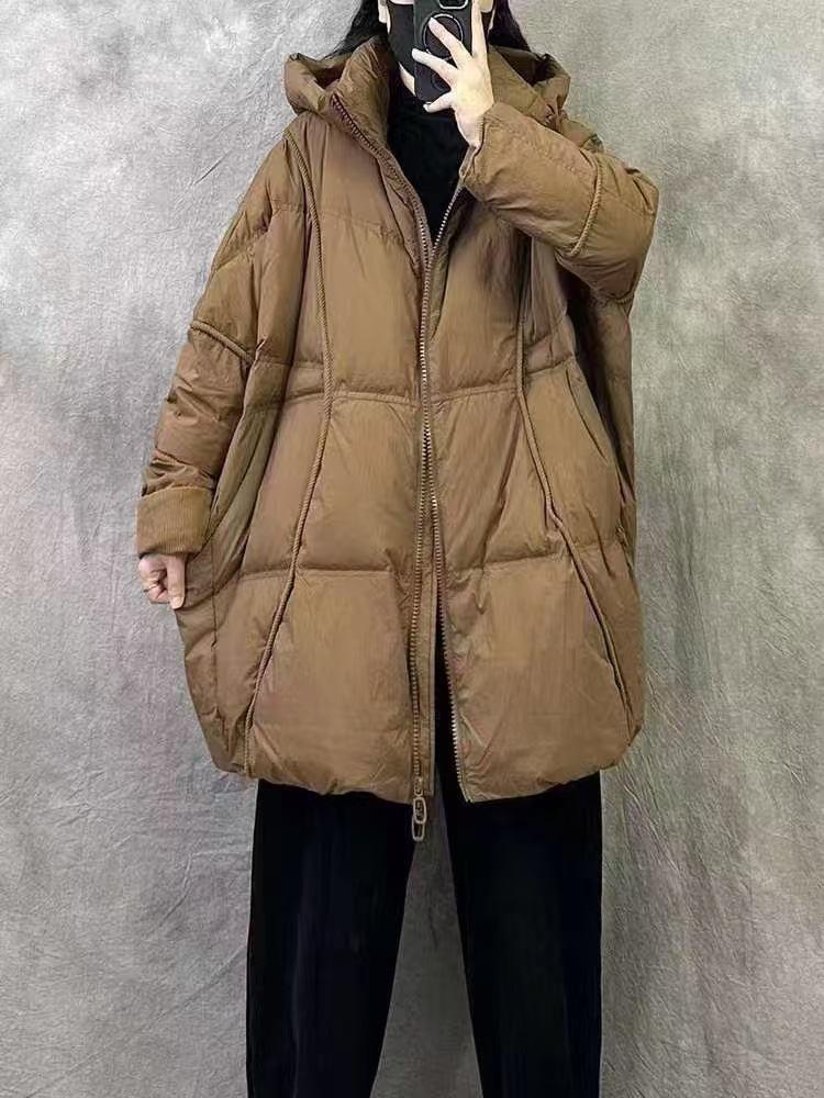Autumn and winter new European goods large size thickened hooded solid color white duck down jacket women's medium and long coat tide