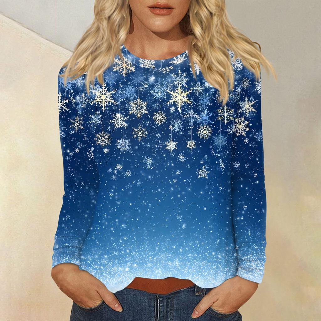 Women's Fashion Casual Christmas Printed Round Neck Long Sleeve Pullover Top