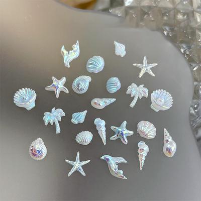 12 Fächer/Box Blau Weiß Nagelanhänger Muschel Seestern Meerjungfrauenflosse 3D Nail Art Zubehör Für Einen Traumhaften Und Ozeanischen Maniküre-Look