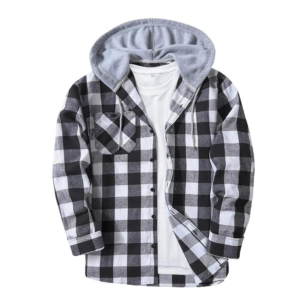 Herren-Sweatshirt mit kariertem Hemd und Kapuze, Knopf-Sweatshirt, lässiges Mode-Sweatshirt für Herren