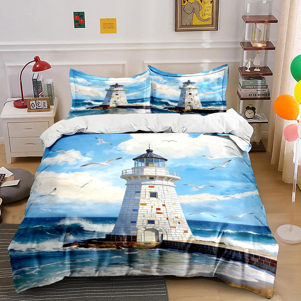 Lighthouse, seagulls, ocean waves. Bedding sets Duvet cover sets Duvet covers Pillowcases(1 * Duvet Cover 2 * Pillowcases without duvet insert) 135x200cm