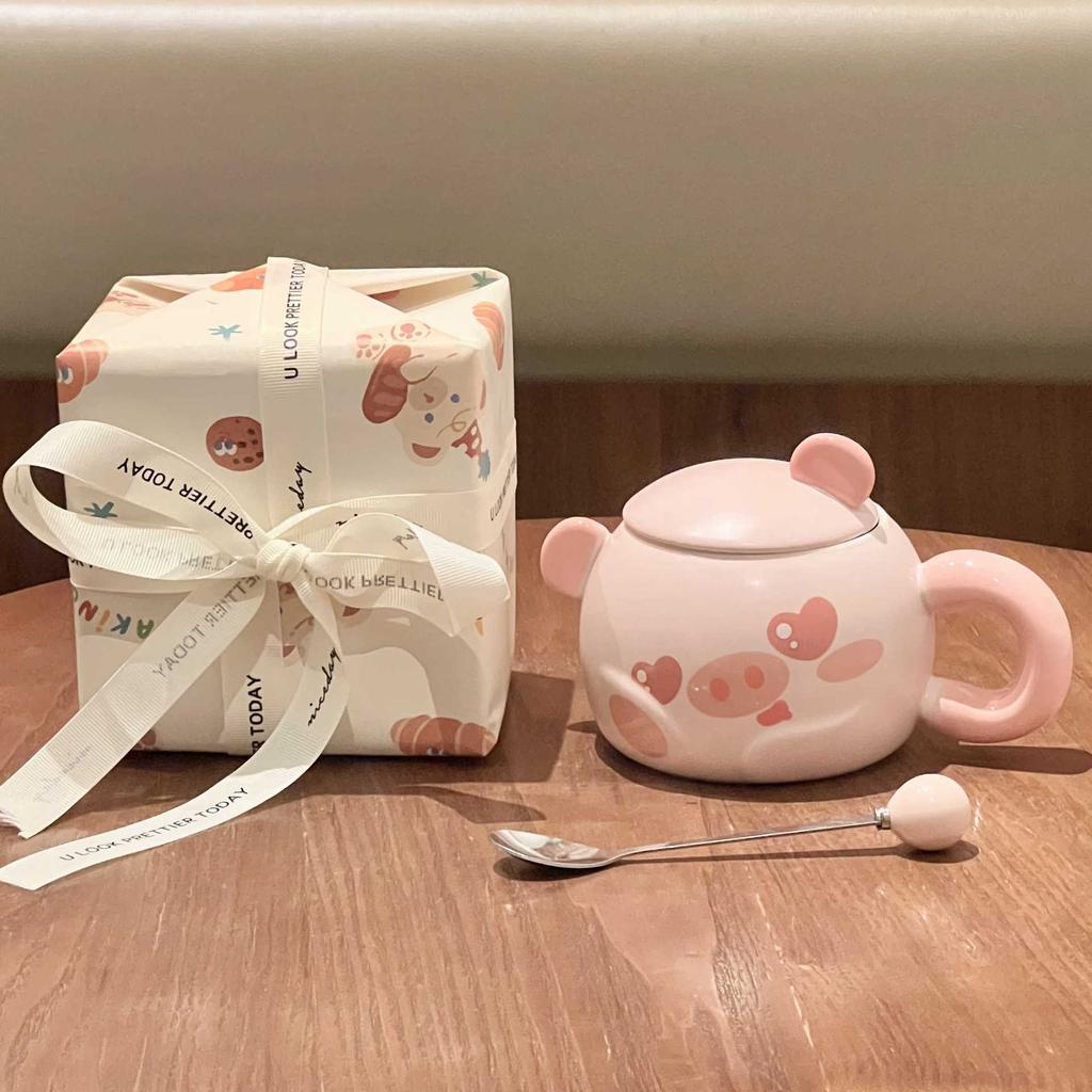 Cute Cartoon Piggy Ceramic Cup Girl Heart Mug with Lid Spoon Office Coffee Mug Birthday Gift
