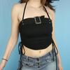 Spring Fashion Pure Desire Japanese Button Pleated Strap Exposed Umbilical Slim Hanging Neck Top Spicy Girls Sexy Small Vest Ultra-short Slim Tank Top