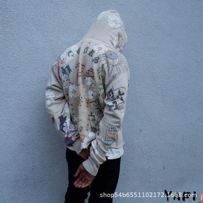 Sweat à capuche unisexe vintage déchiré avec imprimé graffiti 2024 – Coupe ample, tendance Automne/Hiver