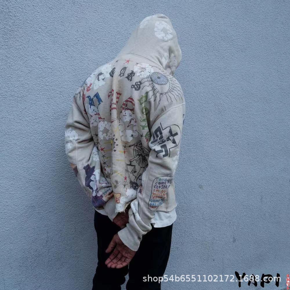 2024 Unisex Vintage Ripped Hoodie with Graffiti Print – Loose Fit, Autumn/Winter Trendy