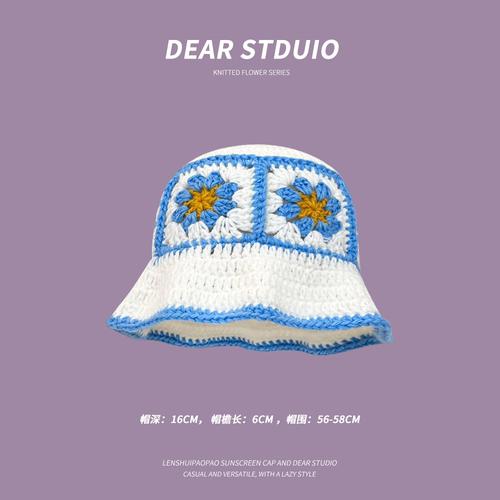 

Japanese Hollow Flower Crochet Bucket Hat Bikini Knit Fisherman Hat for Women Autumn Winter Sweet Wool Beanies M 56-58cm