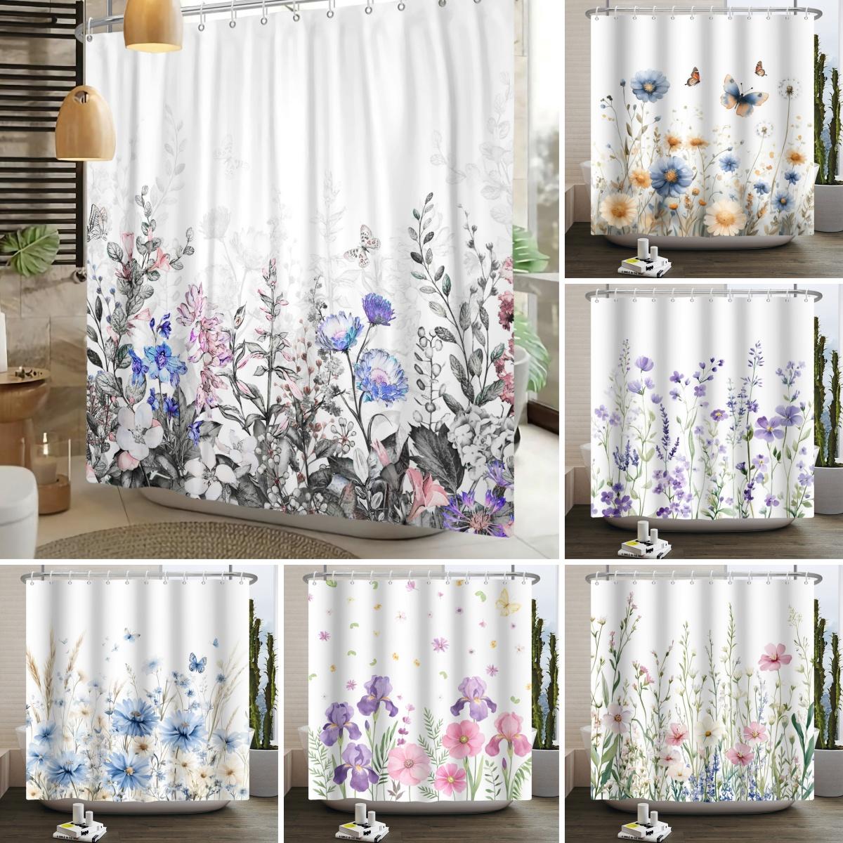 Creative Homewares Waterproof Shower Curtain Natural Floral Wildflowers Butterflies Watercolor Pattern Bathroom Decor Splash Resistant Bath Curtain