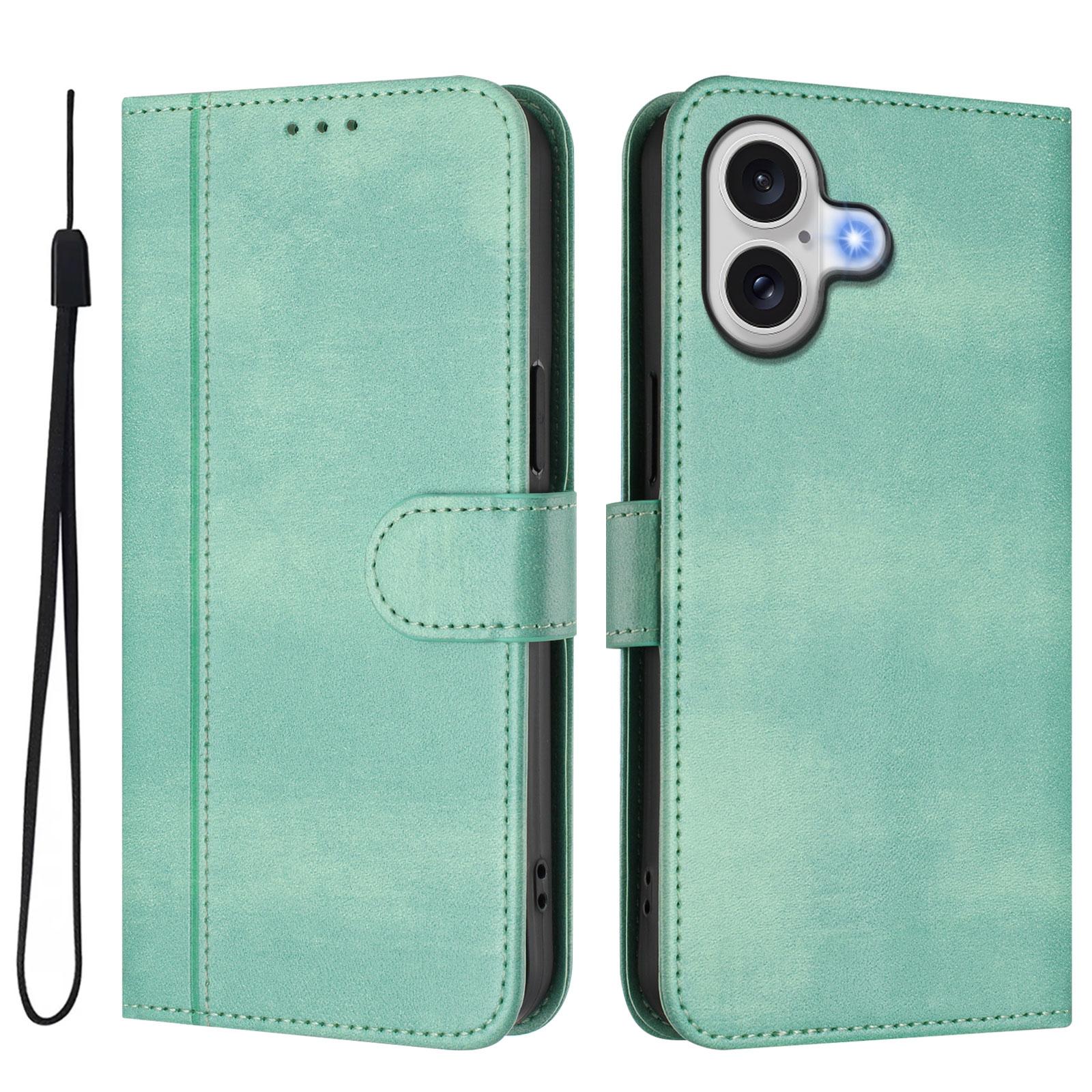 

For iPhone 17 Cases Wallet Stand Retro Texture Leather Phone Cover with Lanyard Mint Green
