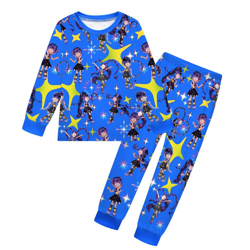 19767  Детские Девочки Лили Lovebraids Бобби Time Принт Длинный Рукав Топ Брюки Пижама Комплекты для Сна 100cm синий
