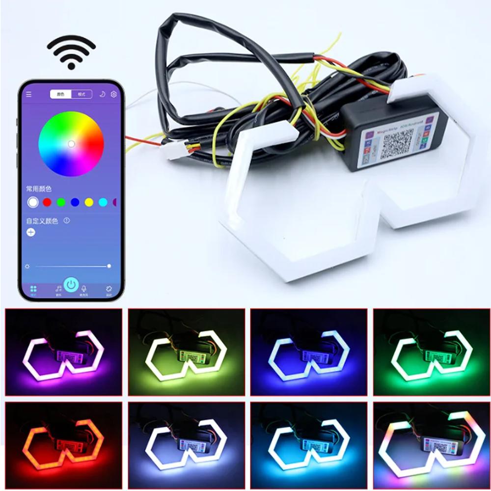 2 buc LED Hexagonal Angel Eye RGB Semnalizator Lumini de Zi Bluetooth App Pentru Faruri Auto 60/70/80/90mm.