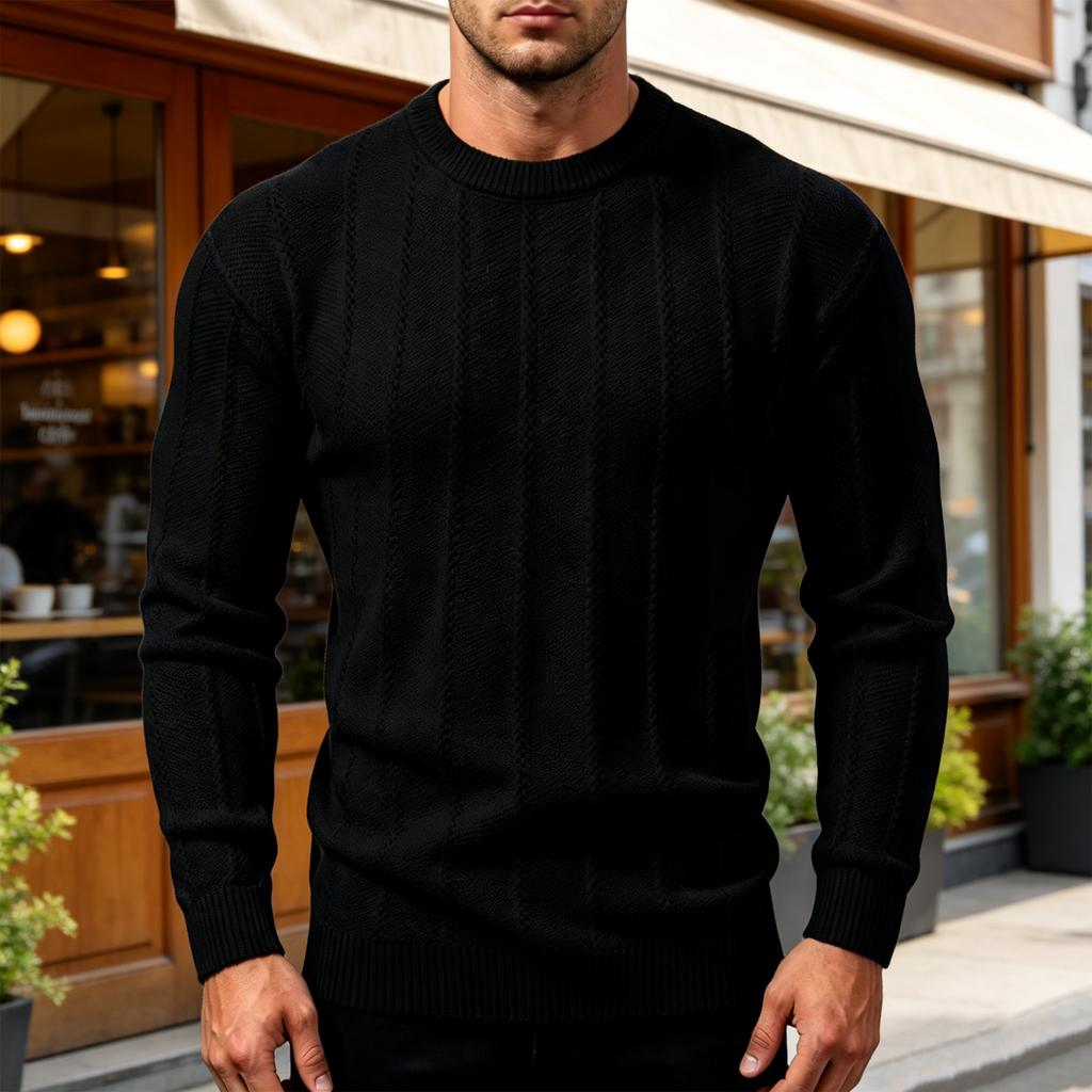 Men's Crewneck Ribbed Knit Sweater, Long Sleeve Pullover with Vertical Texture for Fall and Winter