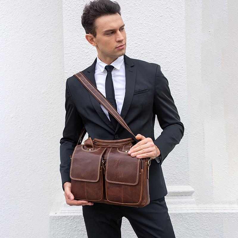 Fashion European and American Retro Style Men's Shoulder Bag Top-Grain Leather Business Briefcase Multi-Pocket Genuine Leather Men's Crossbody Bag
