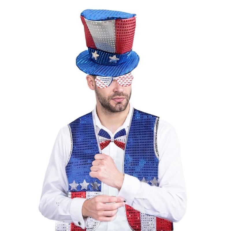 6Pieces 4th of July Patriotic Costume Set with Vest Hat Beard Sunglasses and Necklace for Holiday Celebration Gathering