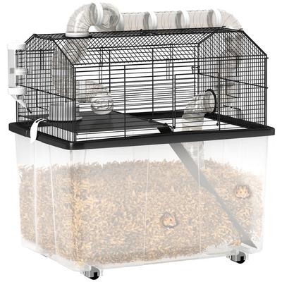 Bärbar hamsterbur med ramp, matskål, vattenflaska och rörsystem. 58 x 43 x 57 cm. Svart.