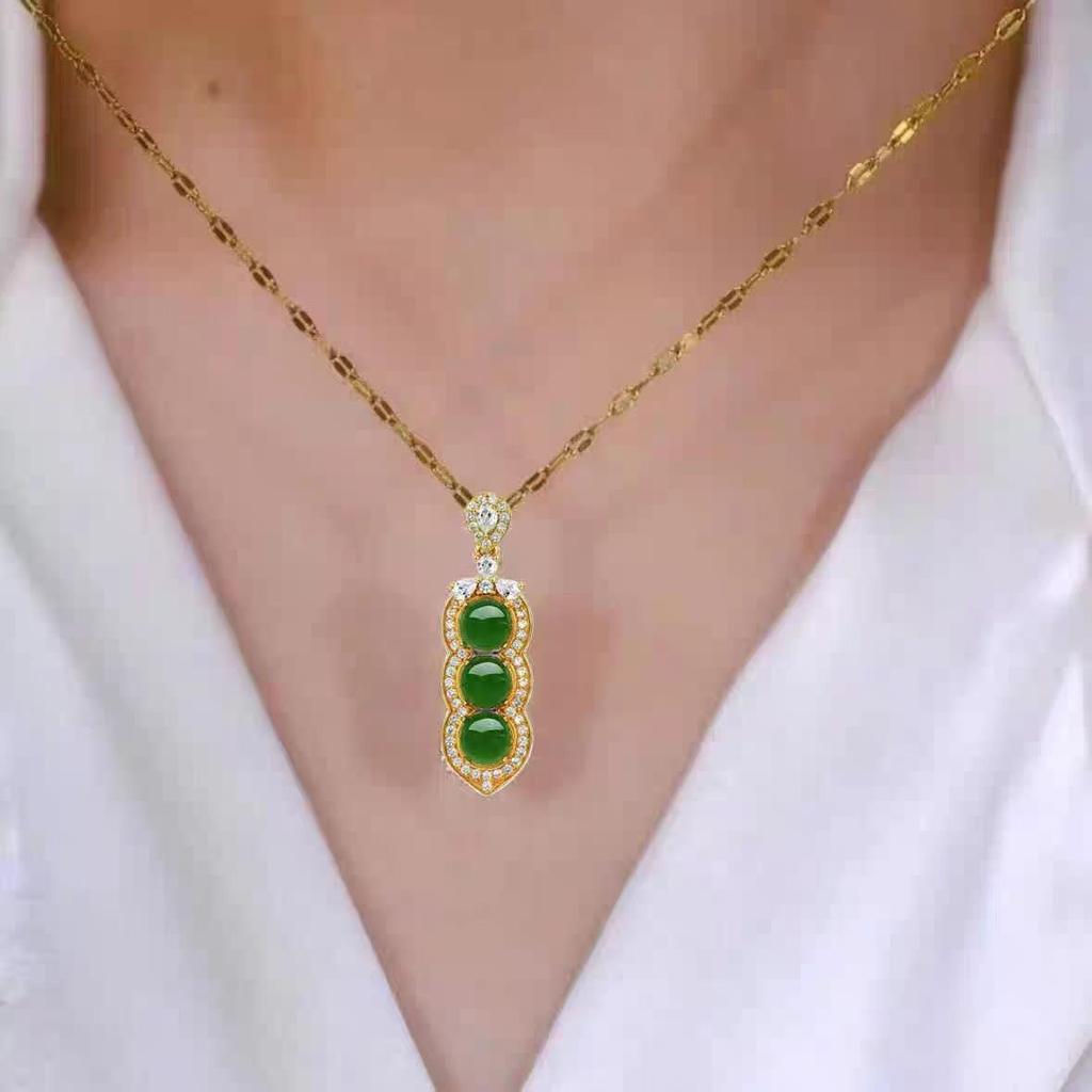 Copper-Plated 18K Inlaid Imitation Jade Bean Necklace - Four Seasons, High-End Niche Design for Women