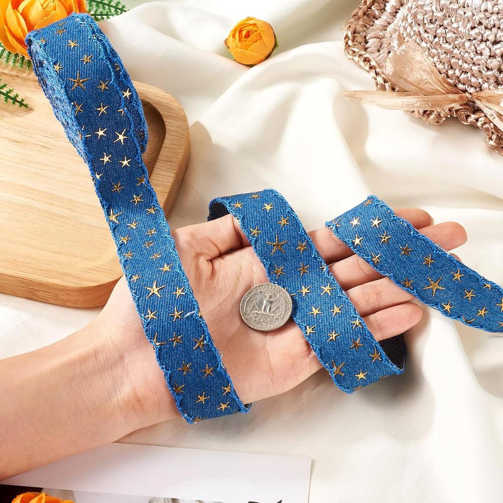 5 Yards Marine Blue Gold Foil Star Denim Ribbon for Clothes Accessories,3D Star Gold Stamping Jean Cloth Fabric Ribbon, 1 Inch Denim Cloth Ribbon for