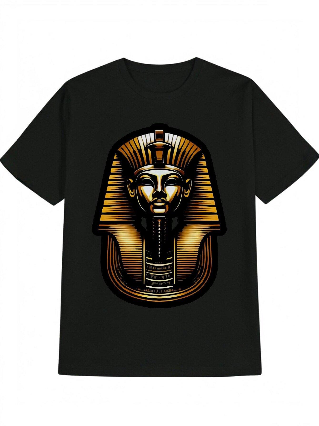 Vintage-Inspired Black T-shirt with Unique Egyptian Pharaoh Graphic - Casual Polyester XL