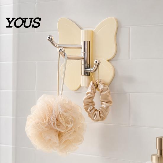Hair Tie Holder Hook Rotating Butterfly Adhesive Wall Hooks, 3-Prong No-Drill Swivel Hangers, with Key Adjustable Angle Space-Saving Hook, for