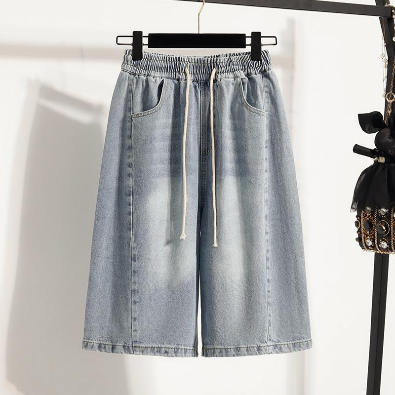 Women s High Waist Drawstring Denim Capri Pants Wide Leg Loose Fit Casual Five Point Jeans S