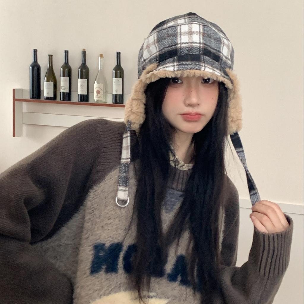 Retro Plaid Splicing Cold-proof and Warm Fleece Thickened Ear Protection Hat Outdoor Riding Hat