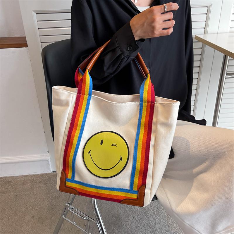 Large Capacity Canvas Tote Bag Cute Smiley Face Print Fresh And Sweet Style