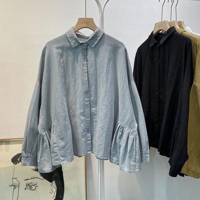 Cotton Linen Long-sleeved Shirt for Women Autumn Loose Versatile Solid Color Casual Top