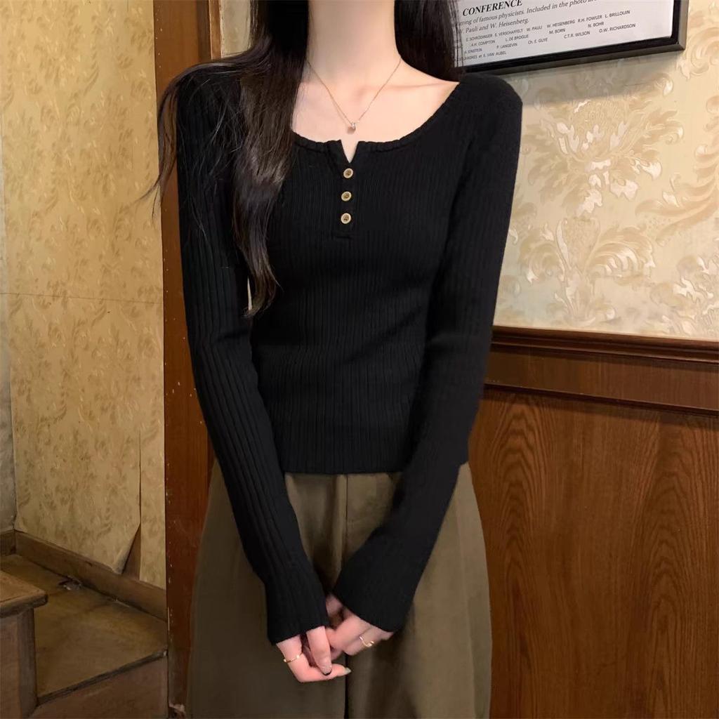 Damen Koreanischer Stil Langarm Tiefausgeschnittenes Strickoberteil Herbst Winter Stilvoll Slim Fit Basisschicht Elegantes Oberteil