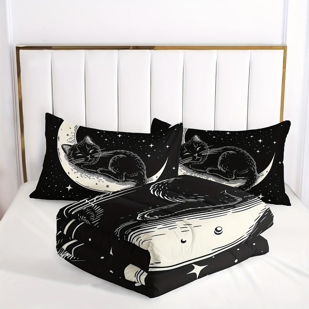 Schwarze Katze Mond Digital bedrucktes Bettwäscheset Weich Gemütlich Bettbezugset King Queen Twin Einzelgröße Geburtstagsgeschenk Raumdekoration